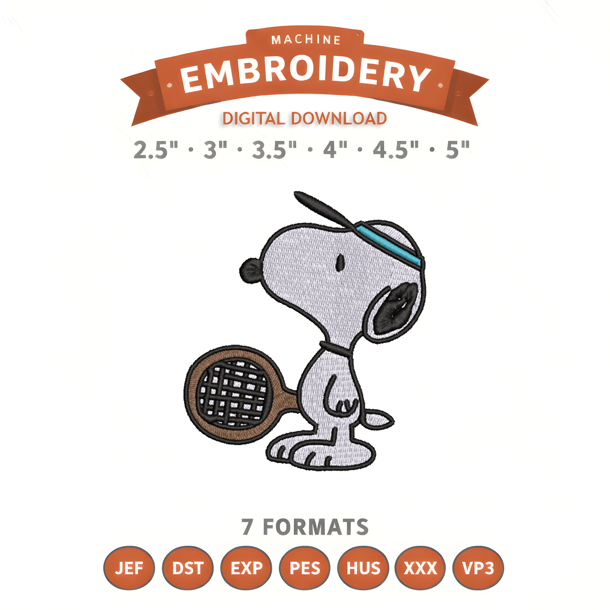 Snoopy Tennis Embroidery Design File | Digital Download | 6 Sizes & 7 Formats Included Threaded Dreams
