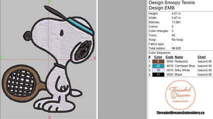 Snoopy Tennis Embroidery Design File | Digital Download | 6 Sizes & 7 Formats Included Threaded Dreams