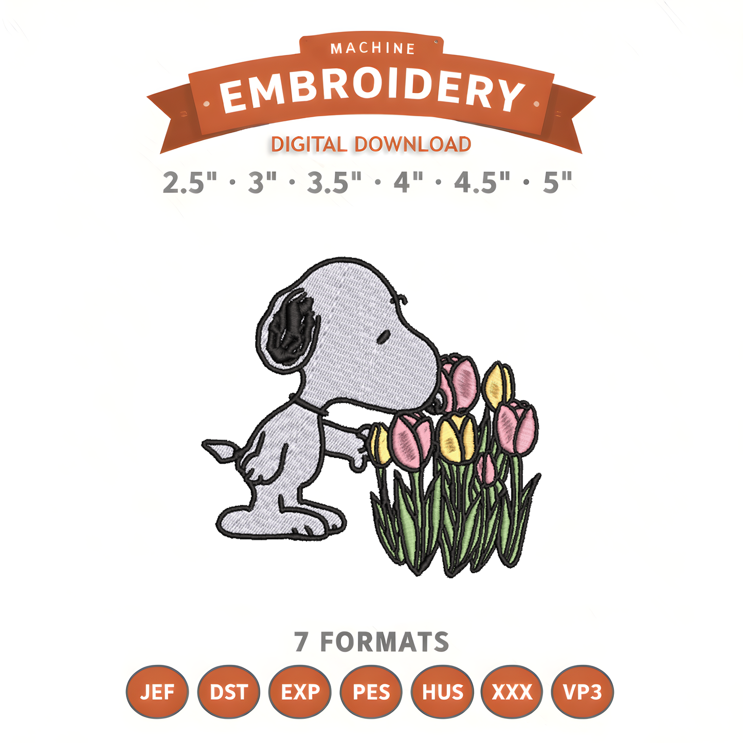 Snoopy Tulips Embroidery Design File | Digital Download | 6 Sizes & 7 Formats Included Threaded Dreams