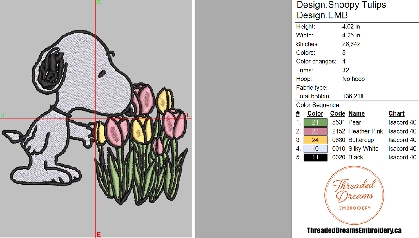 Snoopy Tulips Embroidery Design File | Digital Download | 6 Sizes & 7 Formats Included Threaded Dreams