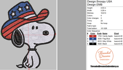 Snoopy USA Embroidery Design File | Digital Download | 6 Sizes & 7 Formats Included Threaded Dreams
