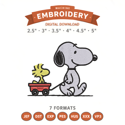 Snoopy Woodstock Wagon Embroidery Design File | Digital Download | 6 Sizes & 7 Formats Included Threaded Dreams