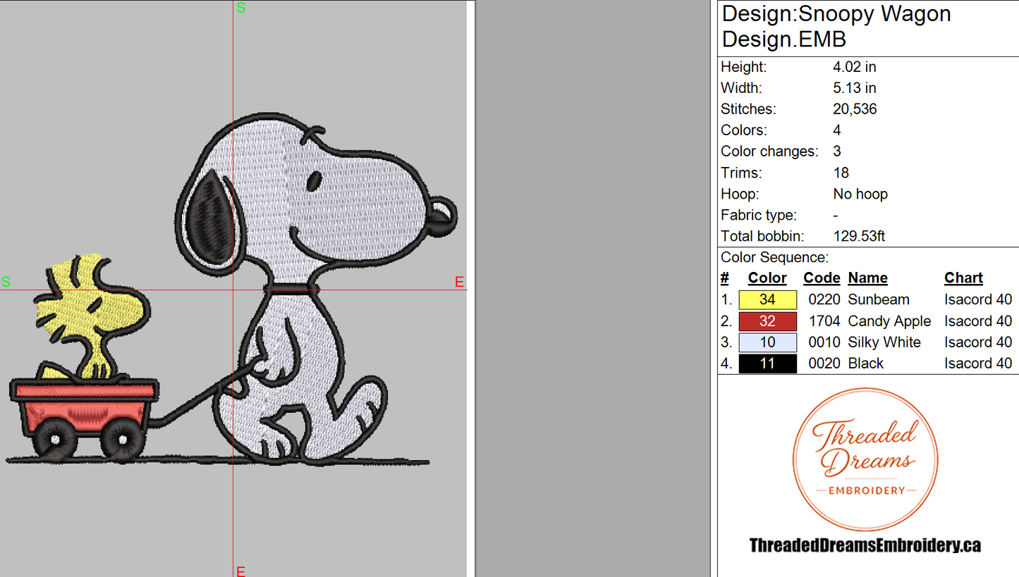 Snoopy Woodstock Wagon Embroidery Design File | Digital Download | 6 Sizes & 7 Formats Included Threaded Dreams