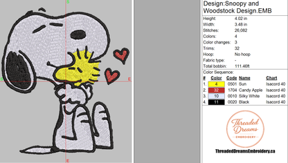 Snoopy and Woodstock Embroidery Design File | Digital Download | 6 Sizes & 7 Formats Included Threaded Dreams