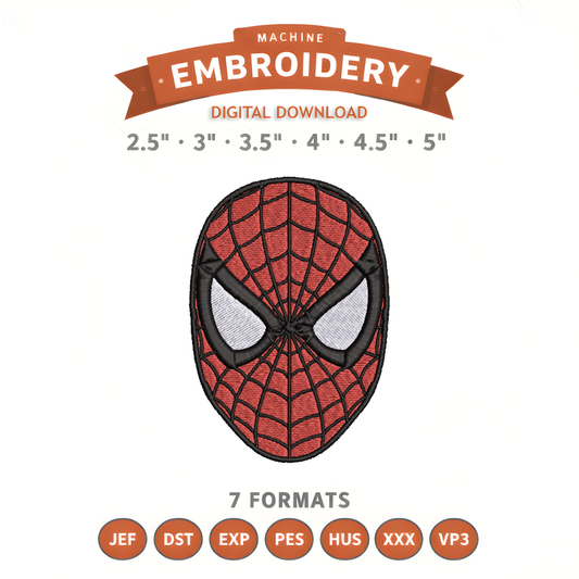 Spiderman Face Embroidery Design File | Digital Download | 6 Sizes & 7 Formats Included Threaded Dreams