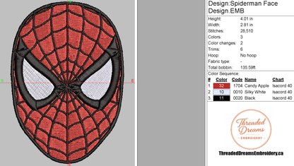 Spiderman Face Embroidery Design File | Digital Download | 6 Sizes & 7 Formats Included Threaded Dreams