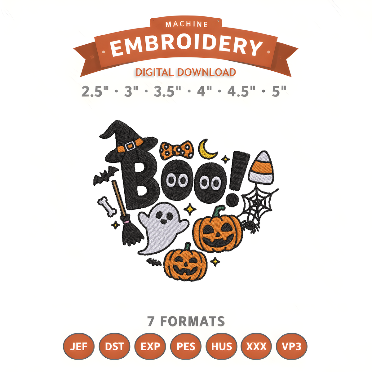 Spooky Boo Halloween Embroidery Design File | Digital Download | 6 Sizes & 7 Formats Included Threaded Dreams