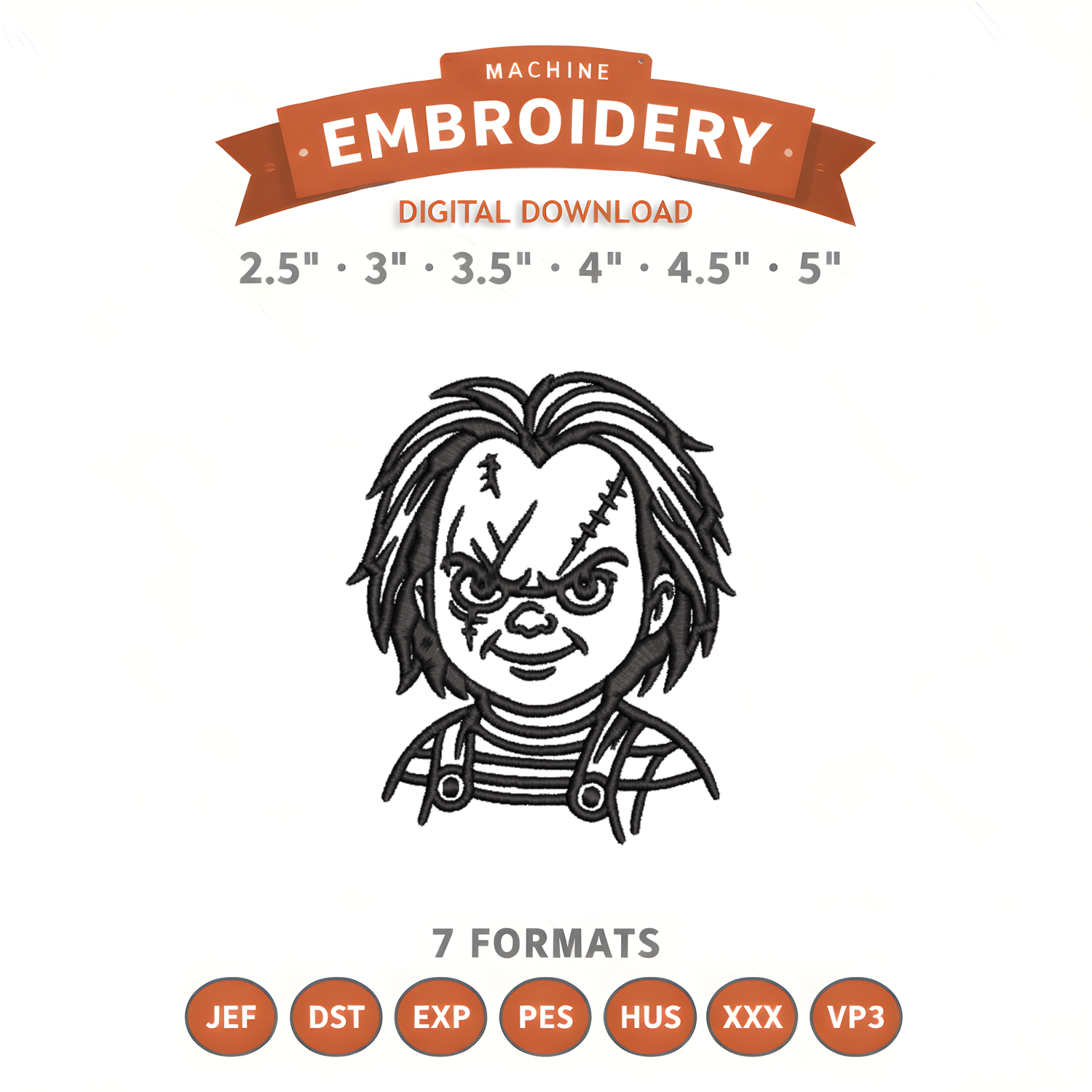 Chucky Doll Outline Embroidery Design File | Digital Download | 6 Sizes & 7 Formats Included Threaded Dreams