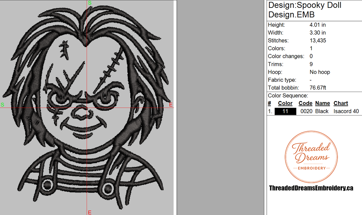 Chucky Doll Outline Embroidery Design File | Digital Download | 6 Sizes & 7 Formats Included Threaded Dreams