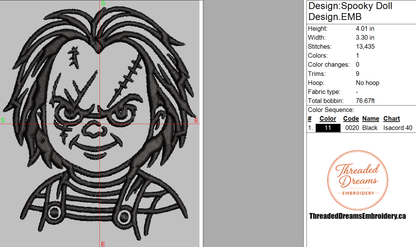 Chucky Doll Outline Embroidery Design File | Digital Download | 6 Sizes & 7 Formats Included Threaded Dreams
