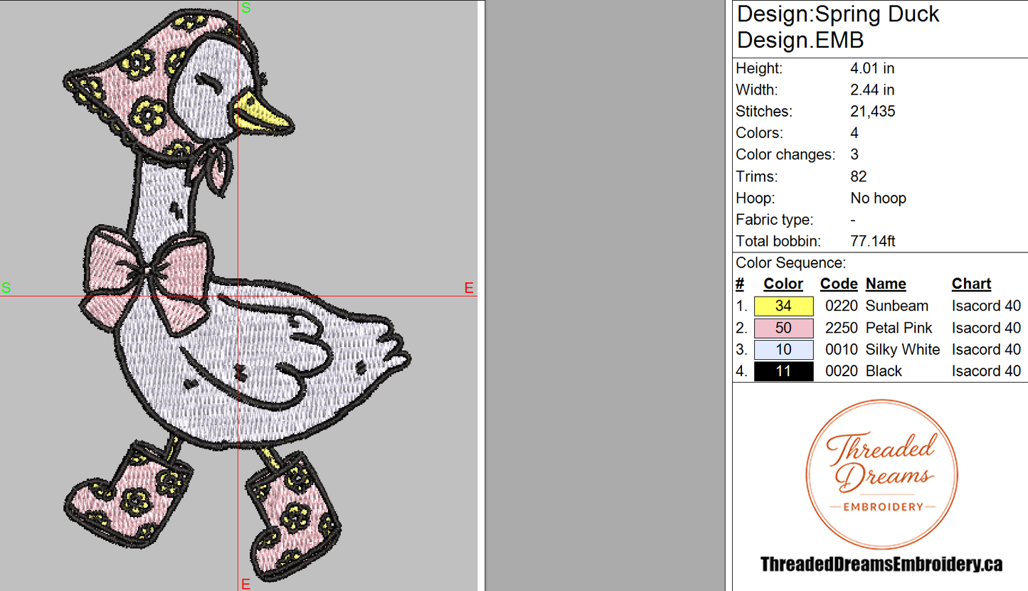 Spring Duck Embroidery Design File | Digital Download | 6 Sizes & 7 Formats Included Threaded Dreams