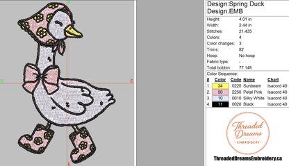 Spring Duck Embroidery Design File | Digital Download | 6 Sizes & 7 Formats Included Threaded Dreams