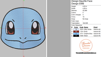 Pokémon Squirtle Embroidery Design File | Digital Download | 6 Sizes & 7 Formats Included Threaded Dreams