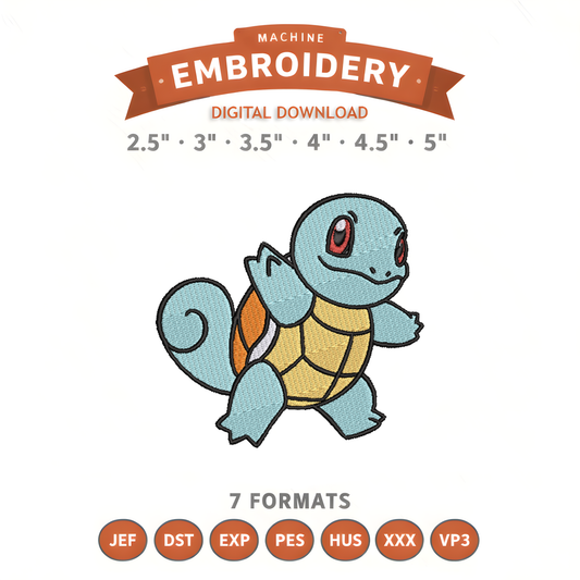 Pokémon Squirtle Embroidery Design File | Digital Download | 6 Sizes & 7 Formats Included Threaded Dreams