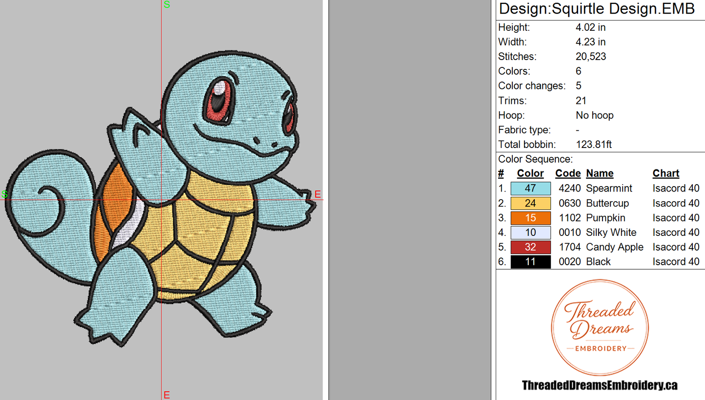 Pokémon Squirtle Embroidery Design File | Digital Download | 6 Sizes & 7 Formats Included Threaded Dreams
