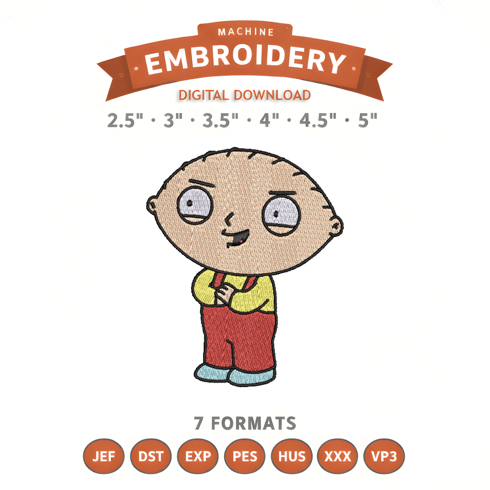 Stewie Griffin Embroidery Design File | Digital Download | 6 Sizes & 7 Formats Included Threaded Dreams