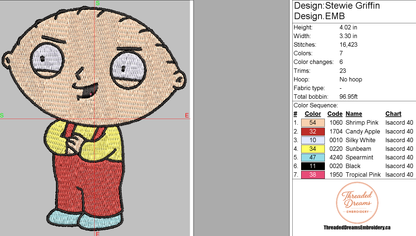 Stewie Griffin Embroidery Design File | Digital Download | 6 Sizes & 7 Formats Included Threaded Dreams