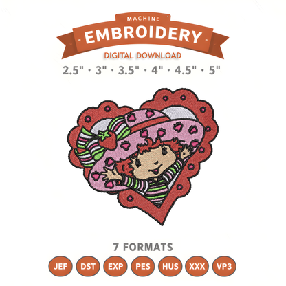 Strawberry Shortcake Heart Cartoon Embroidery Design File | Digital Download | 6 Sizes & 7 Formats Included Threaded Dreams