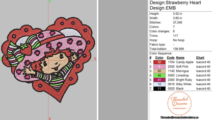 Strawberry Shortcake Heart Cartoon Embroidery Design File | Digital Download | 6 Sizes & 7 Formats Included Threaded Dreams