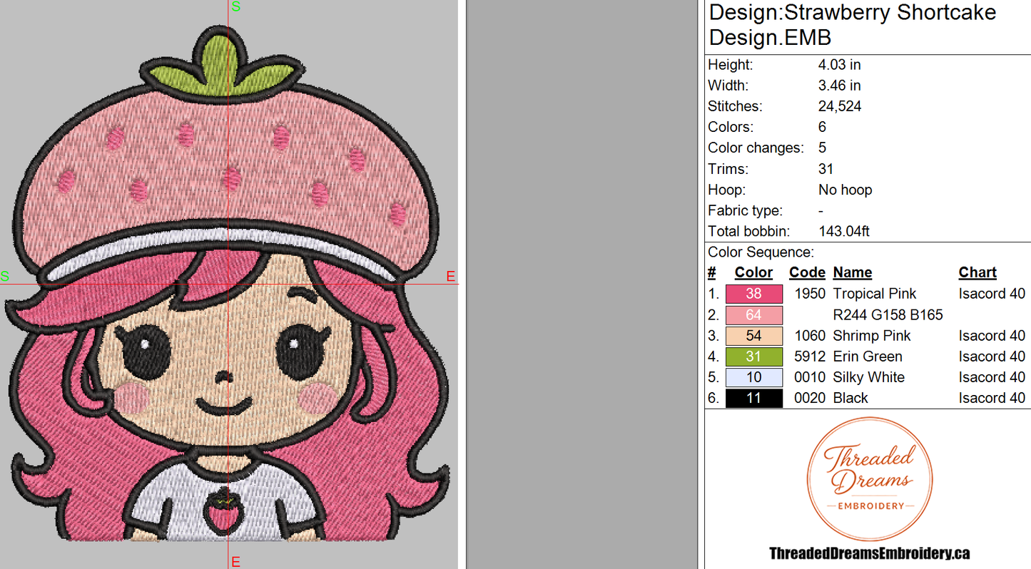 Strawberry Shortcake Cartoon Embroidery Design File | Digital Download | 6 Sizes & 7 Formats Included Threaded Dreams