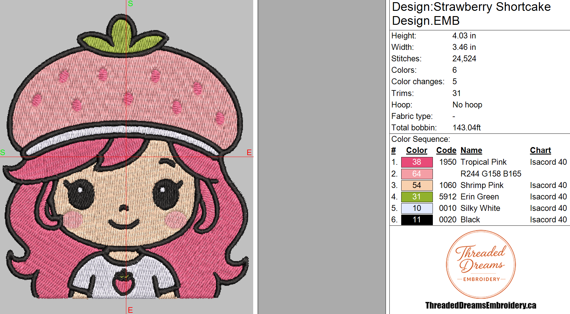 Strawberry Shortcake Cartoon Embroidery Design File | Digital Download | 6 Sizes & 7 Formats Included Threaded Dreams