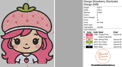Strawberry Shortcake Cartoon Embroidery Design File | Digital Download | 6 Sizes & 7 Formats Included Threaded Dreams