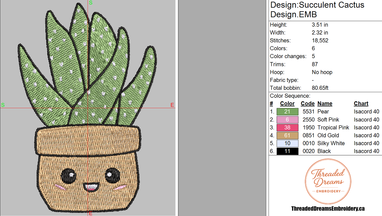 Succulent Cactus Embroidery Design File | Digital Download | 6 Sizes & 7 Formats Included Threaded Dreams