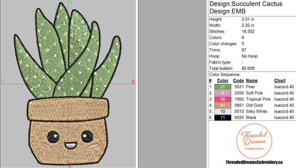 Succulent Cactus Embroidery Design File | Digital Download | 6 Sizes & 7 Formats Included Threaded Dreams