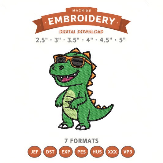 Summer Dino Embroidery Design File | Digital Download | 6 Sizes & 7 Formats Included Threaded Dreams