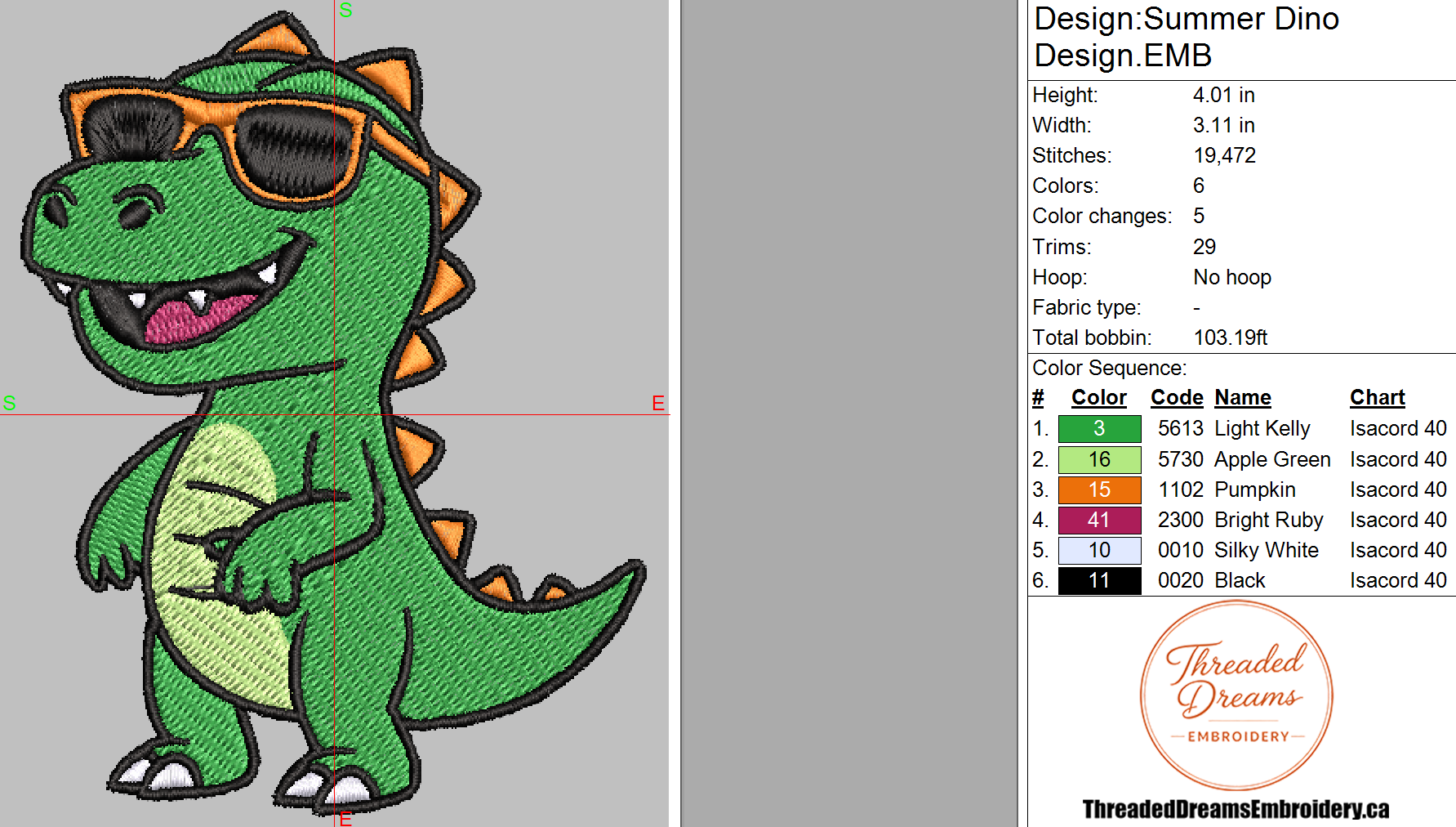 Summer Dino Embroidery Design File | Digital Download | 6 Sizes & 7 Formats Included Threaded Dreams