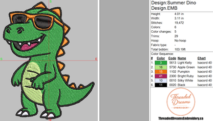 Summer Dino Embroidery Design File | Digital Download | 6 Sizes & 7 Formats Included Threaded Dreams