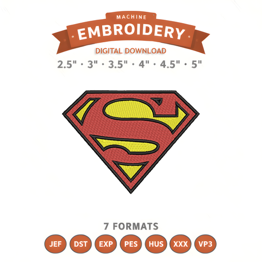 Superman Emblem Embroidery Design File | Digital Download | 6 Sizes & 7 Formats Included Threaded Dreams