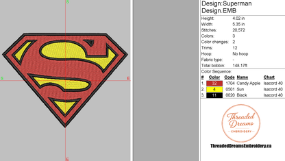 Superman Emblem Embroidery Design File | Digital Download | 6 Sizes & 7 Formats Included Threaded Dreams
