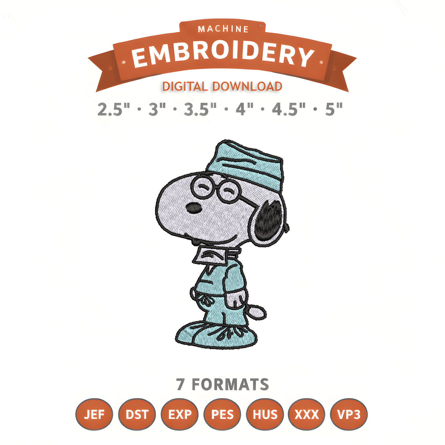 Surgeon Snoopy Embroidery Design File | Digital Download | 6 Sizes & 7 Formats Included Threaded Dreams
