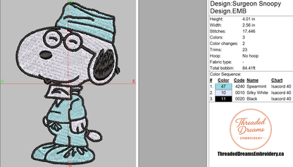 Surgeon Snoopy Embroidery Design File | Digital Download | 6 Sizes & 7 Formats Included Threaded Dreams