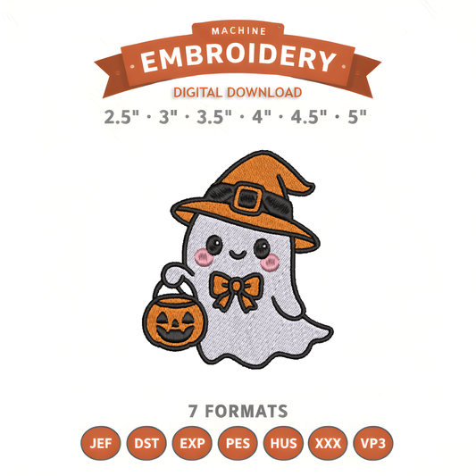 Cute Witch Ghost Embroidery Design File | Digital Download | 6 Sizes & 7 Formats Included Threaded Dreams
