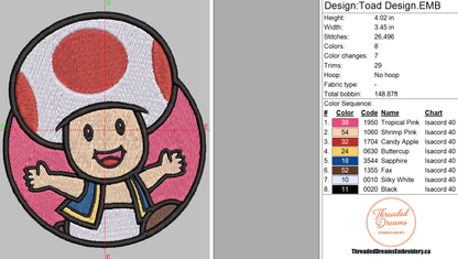 Toad Embroidery Design File | Digital Download | 6 Sizes & 7 Formats Included Threaded Dreams