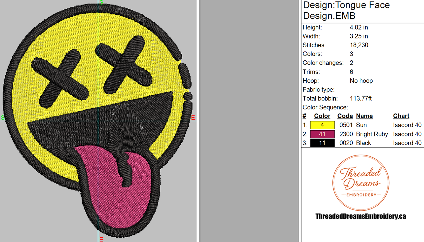Tongue Face Embroidery Design File | Digital Download | 6 Sizes & 7 Formats Included Threaded Dreams