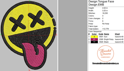 Tongue Face Embroidery Design File | Digital Download | 6 Sizes & 7 Formats Included Threaded Dreams