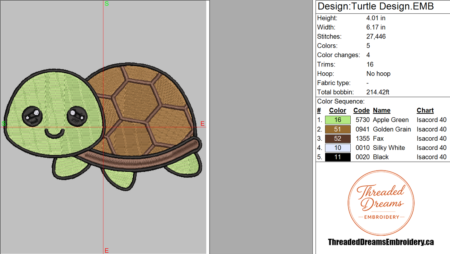 Turtle Embroidery Design File | Digital Download | 6 Sizes & 7 Formats Included Threaded Dreams