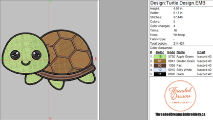 Turtle Embroidery Design File | Digital Download | 6 Sizes & 7 Formats Included Threaded Dreams