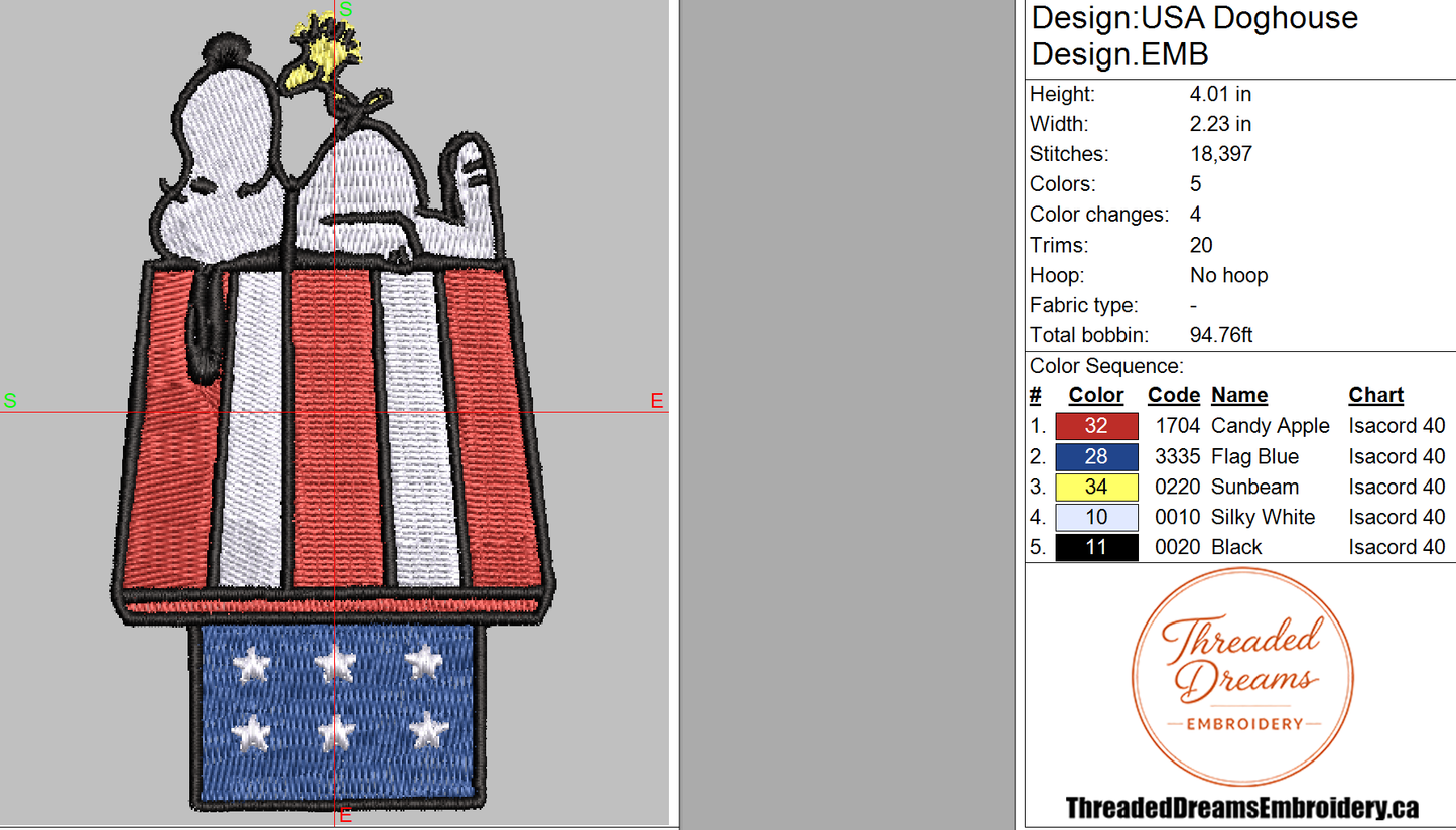Snoopy USA Doghouse Embroidery Design File | Digital Download | 6 Sizes & 7 Formats Included Threaded Dreams