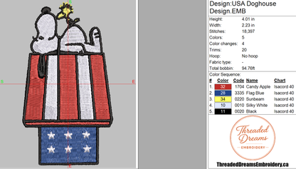 Snoopy USA Doghouse Embroidery Design File | Digital Download | 6 Sizes & 7 Formats Included Threaded Dreams