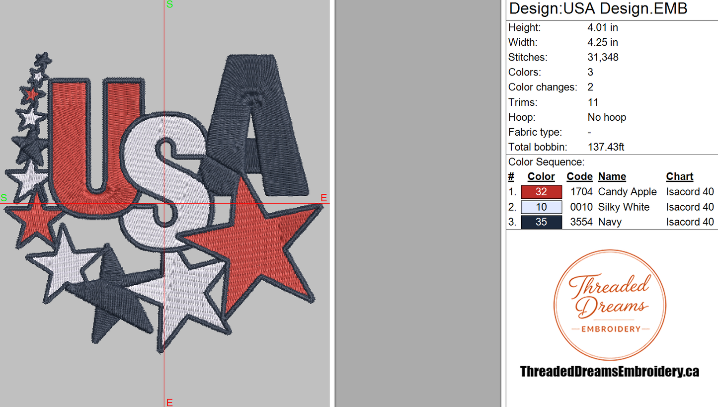 USA Embroidery Design File | Digital Download | 6 Sizes & 7 Formats Included Threaded Dreams