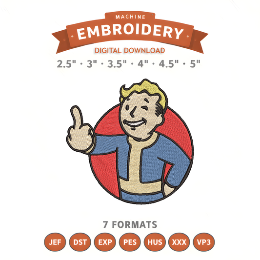 Fallout Vault Boy Middle Finger Embroidery Design File | Digital Download | 6 Sizes & 7 Formats Included