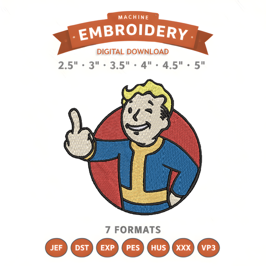 Fallout Vault Boy Middle Finger Embroidery Design File | Digital Download | 6 Sizes & 7 Formats Included Threaded Dreams