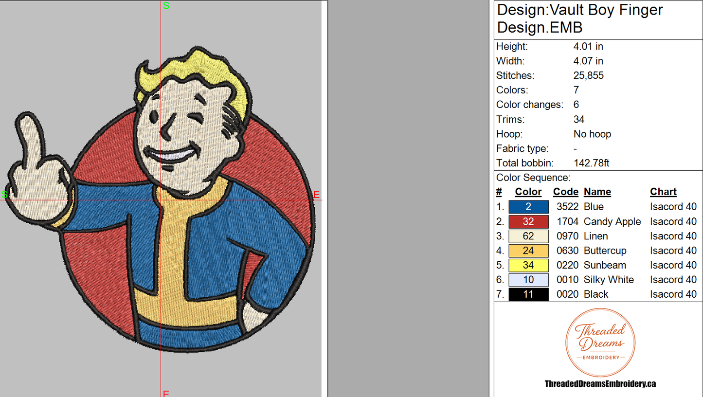 Fallout Vault Boy Middle Finger Embroidery Design File | Digital Download | 6 Sizes & 7 Formats Included Threaded Dreams