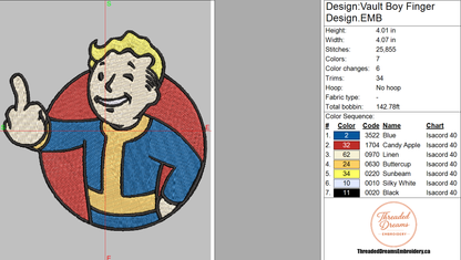 Fallout Vault Boy Middle Finger Embroidery Design File | Digital Download | 6 Sizes & 7 Formats Included Threaded Dreams