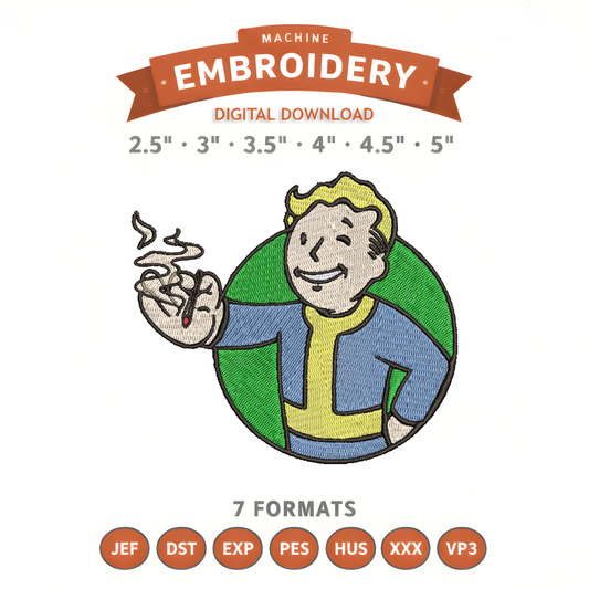 Fallout Vault Boy Smoke Embroidery Design File | Digital Download | 6 Sizes & 7 Formats Included