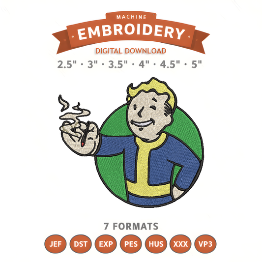 Fallout Vault Boy Smoke Embroidery Design File | Digital Download | 6 Sizes & 7 Formats Included Threaded Dreams